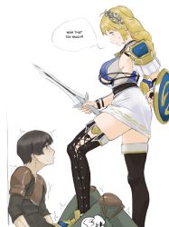 Rule 34 | 1boy, 1girl, armor, bad id, bad pixiv id, ball busting, bdsm, blonde hair, breasts, cbt, comic, crotch kick, crotch stomping, crying, defeat, english text, femdom, highres, large breasts, long legs, namco, seset, skirt, sophitia alexandra, soul calibur, stomping, sword, thighhighs, warrior, weak male, weapon