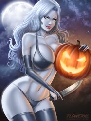 1girl artist_name bra breasts carving chaos_comics cleavage colored_skin curvy eye_contact eyeshadow female_focus flowerxl food fruit gloves grey_bra grey_gloves grey_panties grey_skin grey_thighhighs grey_thong halloween holding holding_food holding_fruit holding_knife holding_weapon huge_breasts jack-o&#039;-lantern knife lady_death lady_death_(character) large_breasts lipstick long_hair looking_at_another looking_at_viewer makeup mascara midriff moon navel night panties pumpkin red_lips solo standing stomach thick_thighs thighhighs thighs thong underwear weapon white_eyes white_hair