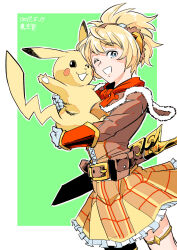 Rule 34 | 1girl, 2019, animal focus, blonde hair, blue eyes, breasts, brown jacket, capelet, cloud, commentary request, crossover, dated, fur-trimmed capelet, fur trim, gen 1 pokemon, gloves, highres, jacket, long sleeves, medium breasts, megido72, nintendo, open mouth, orange skirt, pikachu, pleated skirt, pokemon, pokemon (creature), red capelet, shax (megido72), shinkuukan (tetsuo3), skirt, smile, thigh strap, white gloves