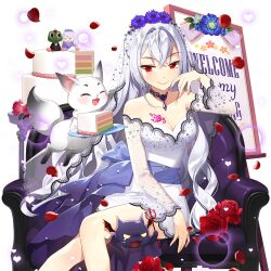 1girl animal bare_legs billboard cake cake_slice couch demon dress flower food grey_hair hair_flower hair_ornament long_hair off-shoulder_dress off_shoulder on_couch red_eyes roselia_violet salt_(salty) sitting uchi_no_hime-sama_ga_ichiban_kawaii white_dress