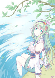 anastigal_elmar_engel_berglund breasts elf green_eyes green_hair hair_ornament highres iris_mysteria! k_(nura-rikuo) large_breasts long_hair pointy_ears pond sitting