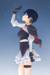1girl absurdres arm_up black_gloves black_hair braid breasts brown_eyes commentary_request detached_sleeves from_side gloves highres juliet_sleeves layered_skirt long_sleeves medium_breasts multicolored_hair nijisanji nijisanji_idol_uniform parted_lips pink_hair pleated_skirt profile puffy_sleeves shirt side_cape skirt sleeveless sleeveless_shirt solo thigh_strap two-tone_hair virtual_youtuber white_shirt white_skirt white_sleeves yamagami_karuta yowayowap