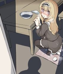 1girl aroused az84997592 black_skirt black_thighhighs blonde_hair blush bowl chair commentary_request doorway drooling egg egg_laying frilled_hairband frilled_skirt frills hairband highres long_hair looking_at_viewer nose_blush original panties pov_shadow purple_eyes skirt squatting steam sweat table thighhighs towel underwear unworn_panties