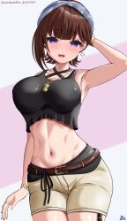 1girl absurdres armanditto armpits belt blue_eyes blush bracelet breasts brown_hair cowboy_shot crop_top highres hololive jewelry large_breasts looking_at_viewer midriff navel necklace open_mouth purple_eyes short_hair shorts simple_background smile solo stomach tokino_sora tokino_sora_(8th_costume) virtual_youtuber