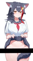 1girl absurdres animal_ear_fluff animal_ears bar_censor black_hair black_sailor_collar black_skirt blush breasts censored clothes_lift hair_ornament hairclip highres hololive large_breasts looking_at_viewer multicolored_hair no_panties ookami_mio open_mouth orange_eyes red_hair sailor_collar school_uniform shirt simple_background skirt skirt_lift solo tail tail_wrap verdey virtual_youtuber white_background white_shirt wolf_ears wolf_girl wolf_tail