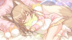 1girl animal_ear_fluff animal_ears aruma_(goma) brown_hair cloneko_(zelmeledf2) closed_eyes commission fox_ears fox_girl fox_tail highres hugging_object long_hair long_sleeves lying no_shoes on_side open_mouth original signature skeb_commission sleeping sleeves_past_wrists socks solo tail