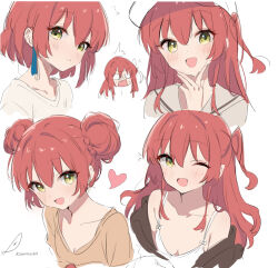 1girl alternate_hair_length alternate_hairstyle bocchi_the_rock! breasts brown_shirt cleavage commentary double_bun earrings green_eyes hair_bun heart highres jewelry kita_ikuyo long_hair medium_breasts minusk9 multiple_views one_side_up open_mouth red_hair shirt short_hair simple_background white_background