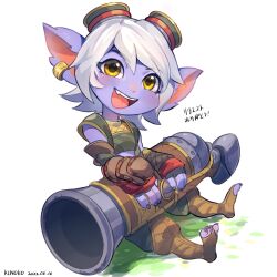 1girl :d artist_name brown_gloves brown_pants colored_skin crop_top earrings fingerless_gloves gloves goggles goggles_on_head highres holding holding_weapon jewelry kinoko_doka-gui_kizetsu-bu league_of_legends looking_at_viewer nail_polish open_mouth pants pink_skin pointy_ears purple_nails rocket short_hair sitting smile solo toenail_polish toenails translation_request tristana_(league_of_legends) watermark weapon white_hair yellow_eyes yordle