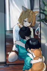 1boy 1girl animal_ear_fluff animal_ears aqua_shirt bare_legs barefoot black_hair blonde_hair blue_eyes brown_cat brown_fur cat cat_ears cat_girl child commentary_request different_reflection from_behind funi_mu9 hair_between_eyes highres hug indoors leaf looking_at_another medium_hair mirror original plant potted_plant puffy_short_sleeves puffy_sleeves reflection shirt short_hair short_sleeves sitting soles very_short_hair white_fur white_shirt wooden_floor