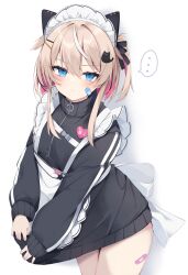 Rule 34 | ..., 1girl, animal ears, apron, bandaid, bandaid on cheek, bandaid on face, bandaid on thigh, black jacket, blue eyes, blush, brown hair, closed mouth, commentary request, frilled apron, frills, hair between eyes, hair ornament, hairclip, heart, highres, jacket, jersey maid, long sleeves, looking at viewer, maid, maid headdress, multicolored hair, nibiiro shizuka, one side up, original, pink hair, puffy long sleeves, puffy sleeves, simple background, sleeves past wrists, solo, spoken ellipsis, track jacket, two-tone hair, unconventional maid, white apron, white background