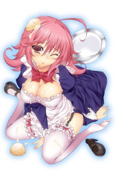 10s 1girl ahoge bad_feet breasts colored_eyelashes cream cube_x_cursed_x_curious dress female_focus food food_on_face full_body highres kneeling large_breasts one_eye_closed pink_eyes pink_hair shoes short_hair single_shoe sitting solo sovereignty suggestive_fluid thighhighs wariza watanuki_kaname white_thighhighs wince wink