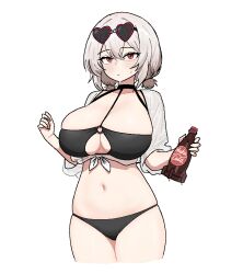 1girl azur_lane bikini black_bikini blush bottle breasts cocktiel77 commentary_request eyewear_on_head fallout heart heart-shaped_eyewear holding holding_bottle korean_commentary large_breasts looking_at_viewer medium_hair navel nuka_cola o-ring o-ring_bikini o-ring_top official_alternate_costume red-framed_eyewear red_eyes ribbon_between_breasts simple_background sirius_(azur_lane) sirius_(scorching-hot_seirios)_(azur_lane) solo standing stomach sunglasses sweat swimsuit white_background white_hair