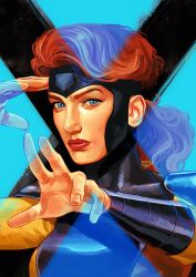 1girl artist_name black_background black_bodysuit blue_background blue_eyes bodysuit breasts brown_hair closed_mouth commentary covered_collarbone english_commentary fingernails hands_up helmet highres jean_grey large_breasts lips long_hair looking_at_viewer marvel red_lips solo superhero_costume two-tone_background two-tone_bodysuit upper_body uzuri_art wavy_hair x-men x-men:_the_animated_series yellow_bodysuit