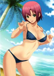 1girl :p absurdres beach bikini bikini_pull breasts clothes_pull cloud female_focus gradient_background green_eyes highres koutaro leaning_forward nature navel ocean outdoors palm_tree plant red_hair rio_rollins short_hair sky smile solo super_blackjack swimsuit tan tanline tongue tongue_out tree underboob