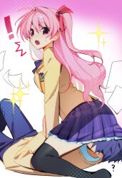! 1boy 1girl ? alion_9715 antenna_hair arm_support black_thighhighs blazer blue_hair blue_pants blush bow bowtie breasts brown_jacket chaos;head collared_shirt hair_bow head_under_skirt highres jacket lapels long_hair looking_back looking_down medium_breasts miniskirt necktie nervous_sweating nishijou_takumi no_shoes nose_blush notched_lapels one_side_up open_clothes open_jacket pants pink_hair plaid_bow plaid_bowtie plaid_clothes plaid_necktie plaid_skirt pleated_skirt purple_necktie purple_skirt red_bow red_trim sakihata_rimi school_emblem school_uniform shirt short_hair side_ponytail sitting sitting_on_face sitting_on_person skirt spoken_exclamation_mark suimei_academy suimei_school_uniform suimei_summer_uniform surprised sweat sweatdrop thighhighs thighs unlikely_accident wariza white_petticoat zettai_ryouiki