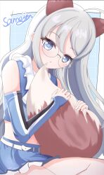 ahoge animal_ears artist_name belt blue_eyes blue_shirt blue_skirt cheerleader detached_sleeves fake_animal_ears fake_tail fox_ears frilled_shirt frills glasses grey_hair heywood_l._edwards_(cheerleader)_(kancolle) heywood_l._edwards_(kancolle) hokkaido_nippon-ham_fighters kantai_collection layered_skirt long_hair nippon_professional_baseball off-shoulder_shirt off_shoulder sameyan shirt skirt sleeveless sleeveless_shirt tail white_belt