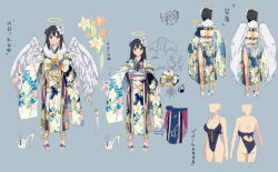1girl :d ^_^ angel angel_wings anklet ass asuka_(senran_kagura) bad_source bell black_hair blue_eyes blue_one-piece_swimsuit blush bow breasts butt_crack chest_bow chibi chibi_inset chinese_knot cleavage closed_eyes clothes_on_and_off concept_art floral_print floral_print_kimono flower from_behind full_body fur-trimmed_kimono fur_scarf fur_trim gold gold_anklet grey_background groin hair_flower hair_ornament halo high_heel_sandals high_heels japanese_clothes jewelry jingle_bell kimono large_breasts lily_(flower) long_hair looking_at_viewer median_furrow multicolored_kimono multiple_views notes obi official_alternate_costume official_art one-piece_swimsuit open_mouth pelvic_curtain print_kimono production_art reference_sheet ribbon ryouki_(senran_kagura) sandals sash senran_kagura senran_kagura_estival_versus senran_kagura_new_link shoulder_blades simple_background smile standing swimsuit tassel turnaround variations white_lily wide_sleeves wings yaegashi_nan yellow_halo