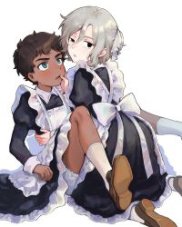 2boys alternate_costume androgynous apron bags_under_eyes between_legs black_dress black_eyes black_hair bloomers blue_eyes blush collared_dress crossdressing curly_hair dark-skinned_male dark_skin dress dungeon_meshi elf enmaided frilled_apron frills grey_hair h2co3_vv highres juliet_sleeves kabru kneeling lazy_eye long_sleeves looking_at_another looking_at_viewer looking_back maid maid_apron maid_headdress male_focus male_maid mithrun multiple_boys notched_ear open_mouth pointy_ears puffy_sleeves shoes short_hair simple_background socks sweatdrop trap underwear uneven_eyes white_apron white_background white_bloomers white_socks yaoi