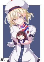 2girls akatsuki_hikaru beret blonde_hair blue_eyes blue_hair blush_stickers chibi dress gloire_(kancolle) gloves hat highres hug kantai_collection mini_person minigirl mogador_(kancolle) multicolored_hair multicolored_scarf multiple_girls sailor_dress scarf short_hair signature white_dress white_gloves white_hat
