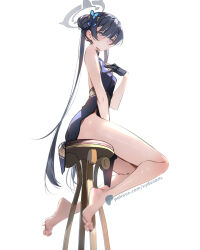 1girl bare_arms barefoot black_dress black_gloves black_hair blue_archive chair china_dress chinese_clothes double_bun dress full_body gloves grey_eyes grey_halo hair_bun halo kisaki_(blue_archive) legs long_hair looking_at_viewer mixed-language_commentary on_chair patreon_username pelvic_curtain side_slit simple_background sleeveless solo sydus thighs toes twintails very_long_hair white_background