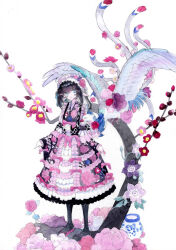 1girl animal bird black_hair black_pantyhose blue_eyes blunt_bangs branch dress floral_print flower frilled_dress frills full_body hair_flower hair_ornament highres japanese_clothes kimono kimono_dress kyuui layered_dress lolita_fashion long_hair long_sleeves looking_at_viewer original painting_(medium) pantyhose pink_dress pink_flower plum_blossoms simple_background solo standing traditional_media tree watercolor_(medium) white_background