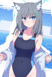 1girl absurdres animal_ear_fluff animal_ears aot. black_one-piece_swimsuit blue_archive blue_eyes blue_halo breasts collarbone covered_navel cross_hair_ornament grey_hair hair_ornament halo highres medium_breasts one-piece_swimsuit polka_dot polka_dot_background shiroko_(blue_archive) shiroko_(swimsuit)_(blue_archive) solo swimsuit