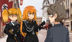 1boy 2girls :3 ahoge black_cat03 blonde_hair blush breasts brown_eyes brown_hair closed_mouth gamou_maki glasses gun hachiouji_naoto highres holding holding_paper ijiranaide_nagatoro-san large_breasts long_hair looking_at_another military_uniform multiple_girls nazi orange_eyes outdoors paper rifle short_hair small_breasts smile swastika twintails weapon yellow_eyes yoshi_(nagatoro)