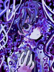 Rule 34 | 1girl, bags under eyes, black background, choker, closed mouth, collared shirt, colored eyelashes, commentary, drill hair, expressionless, flower, grey shirt, hand up, highres, looking at viewer, neck ribbon, one eye covered, original, purple choker, purple flower, purple hair, purple ribbon, purple theme, ribbon, ringed eyes, shirt, short hair, simple background, solo, symbol-only commentary, upper body, upturned eyes, zer0h