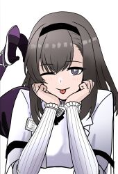 Rule 34 | 1girl, ;p, absurdres, arknights, black hair, black hairband, bright pupils, closed mouth, commentary, english commentary, grey eyes, hairband, head rest, high heels, highres, light blush, looking at viewer, lucia (luciatehe), lying, medium hair, on stomach, one eye closed, pantyhose, priestess (arknights), purple pantyhose, ringed eyes, shoe soles, shoes, simple background, smile, solo, sweater, the pose, tongue, tongue out, white background, white pupils, white shoes, white sweater