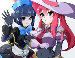 2girls absurdres ascot black_gloves blue_bow blue_hair blush bow breasts covered_navel demon_girl demon_horns duel_monster eriya_(erizatta0045) evil_twin_ki-sikil evil_twin_lil-la gloves green_eyes grey_eyes hat highres horns ki-sikil_(yu-gi-oh!) large_breasts lil-la_(yu-gi-oh!) locked_arms looking_at_viewer multiple_girls open_mouth pink_ascot pink_hair simple_background smile upper_body white_background white_gloves yu-gi-oh!