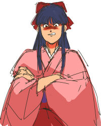 1girl angry artist_request blue_hair blush bow brown_eyes clenched_teeth crossed_arms from_below hair_ribbon highres japanese_clothes legs long_hair long_skirt looking_at_viewer ponytail red_bow ribbon sakura_taisen sega shinguuji_sakura skirt solo source_request teeth thighs