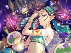 Rule 34 | 1girl, aqua eyeliner, aqua headscarf, arabian clothes, black hair, bottle, bracelet, commentary request, crystal, demekko-222, eyelashes, flower, glowing crystal, gold armlet, gold bracelet, gold choker, hair in own mouth, hair spread out, highleg, highres, hourglass, jewelry, lily pad, lipstick, long hair, looking at viewer, lotus, lying, makeup, mark under eye, midriff, nail polish, navel, on back, original, pointy ears, purple eyes, purple nails, red lips, see-through clothes, see-through shawl, shawl, solo, upper body, vase, very long fingernails, water drop, wine bottle