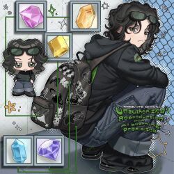 backpack bag black_hair black_hoodie blush chibi denim eyewear_on_head gem heart highres hood hoodie jeans jitome original pale_skin pants poin_(goruchopame) shoes star_(symbol) sunglasses