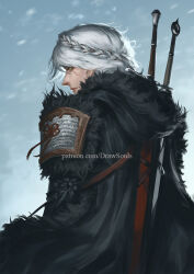 Rule 34 | 1girl, black cape, blue sky, braid, cape, ciri, closed mouth, commentary, crown braid, draw souls, from behind, fur-trimmed cape, fur trim, grey hair, lips, long hair, looking at viewer, patreon username, pink lips, profile, scar, scar on face, sheath, sheathed, sky, snow, snowing, solo, sword, sword on back, the witcher (series), the witcher 4, weapon, weapon on back, yellow eyes