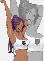 1girl arm_above_head armpit_crease armpits bleach breasts dark-skinned_female dark_skin female_focus hair_ornament highres large_breasts long_hair mikey_pie open_mouth parted_bangs ponytail purple_hair shihouin_yoruichi shiny_skin simple_background stretching tank_top yellow_eyes