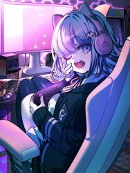1girl :o animal_ear_headphones animal_ears black_thighhighs breasts brown_hair cat_ear_headphones collared_shirt computer_keyboard controller danganronpa_(series) danganronpa_2:_goodbye_despair fake_animal_ears flipped_hair galaga game_controller hair_ornament headphones highres holding holding_controller holding_game_controller jacket long_sleeves looking_at_viewer medium_hair monitor nanami_chiaki neck_ribbon nota_sayaka open_clothes open_jacket pink_eyes pink_ribbon ribbon shirt solo spaceship_hair_ornament teeth thighhighs upper_teeth_only white_shirt