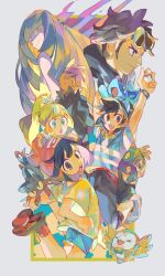 3girls 4boys :d :o beanie black_eyes blonde_hair blue_eyes blue_shirt blue_shorts brown_eyes creatures_(company) elio_(pokemon) game_freak gen_7_pokemon gladion_(pokemon) goggles goggles_on_head guzma_(pokemon) hat hau_(pokemon) holding holding_poke_ball jumping lillie_(pokemon) litten long_hair looking_at_viewer lusamine_(pokemon) multiple_boys multiple_girls nintendo open_mouth poke_ball pokemon pokemon_(creature) pokemon_sm ponytail popplio red_footwear red_headwear rowlet selene_(pokemon) senzzang shirt shorts smile t-shirt teeth two-tone_shirt upper_teeth_only very_long_hair white_shirt yellow_shirt