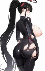 1girl absurdres ass ateoyh black_hair black_halo blue_archive blush bodysuit breasts breasts_out bright_pupils commentary_request cowboy_shot curvy from_behind halo highres huge_breasts long_hair looking_at_viewer nipples official_alternate_costume official_alternate_hairstyle ponytail red_eyes rio_(blue_archive) rio_(bodysuit)_(blue_archive) sideways_glance simple_background skindentation solo sweat thigh_strap torn_bodysuit torn_clothes turtleneck turtleneck_bodysuit very_long_hair white_background white_pupils