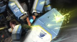 &gt;_&lt; 1girl auto_guard_system ballistic_shield blocking brown_hair bullet can crushed crushed_can crying firing gloves gun highres hood hood_up last_origin mecha open_mouth protecting rampart_(last_origin) robot scratches shell_casing shield short_hair silky_(last_origin) sinensian smiley_face tears tongue weapon white_gloves