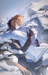 Rule 34 | 2boys, ^ ^, absurdres, antenna hair, artist name, black gloves, black pants, blue jacket, blue shirt, blue sky, blurry, blurry foreground, blush, branch, brown hair, brown scarf, closed eyes, commentary, day, eksi (kriixx), facing away, from behind, fur-trimmed hood, fur trim, genshin impact, gloves, hair between eyes, hand on another&#039;s back, highres, hood, hood down, hooded jacket, hug, jacket, long sleeves, male focus, mountain, multiple boys, official alternate costume, open clothes, open jacket, orange hair, outdoors, overhead line, pants, scarf, shirt, short hair, sky, snow, standing, symbol-only commentary, tartaglia (genshin impact), tartaglia (xiaomi) (genshin impact), train, turtleneck, white jacket, white shirt, zhongli (genshin impact)