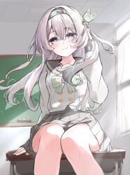 Rule 34 | black hairband, black ribbon, blush, board eraser, bow, bowtie, buttons, chalkboard, classroom, closed mouth, collared shirt, desk, double-breasted, firefly (honkai: star rail), firefly (spring missive) (honkai: star rail), gradient hair, green bow, green bowtie, grey hair, grey pupils, grey sailor collar, grey skirt, grey sleeve cuffs, hair between eyes, hair intakes, hair ornament, hairband, hand in own hair, highres, honkai: star rail, honkai (series), long hair, long sleeves, multicolored eyes, multicolored hair, on desk, plaid bow, plaid bowtie, plaid clothes, pleated skirt, ribbon, sailor collar, shirt, shyaruru, sitting, skirt, smile, thighs, two-tone eyes, white shirt, white sleeves