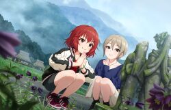 2girls black_eyes boots bracelet building flower fog game_cg grass grey_hair idolmaster idolmaster_cinderella_girls idolmaster_cinderella_girls_starlight_stage jacket jewelry multiple_girls murakami_tomoe necklace official_art own_hands_clasped red_eyes red_hair shiomi_syuko smile squatting statue