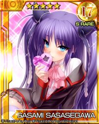 Rule 34 | 1girl, arm support, black jacket, black ribbon, blue eyes, blush, bow, box, character name, commentary request, company name, eyelashes, eyes visible through hair, frilled ribbon, frills, gift, grey skirt, hair between eyes, hair ribbon, hand up, heart-shaped box, holding, holding gift, jacket, lips, little busters!, long hair, long sleeves, looking at viewer, miniskirt, off shoulder, parted lips, pink bow, plaid clothes, plaid skirt, pleated skirt, purple hair, ribbon, sasasegawa sasami, school uniform, shirt, shy, sidelocks, sitting, skirt, solo, sparkle, straight hair, thighhighs, two side up, upturned eyes, valentine, very long hair, white shirt, white thighhighs, yokozuwari, zen (kamuro), zettai ryouiki