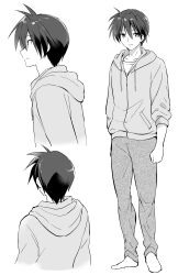 Rule 34 | 1boy, akina tsukako, clannad, clenched hand, closed mouth, collarbone, commentary, eyes visible through hair, from behind, from side, full body, hair between eyes, highres, hood, hood down, hooded jacket, jacket, long sleeves, looking at viewer, male focus, monochrome, multiple views, no shoes, nose, okazaki tomoya, pants, profile, short hair, simple background, smile, spiked hair, white background
