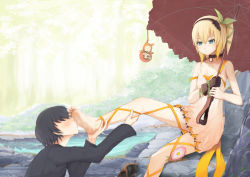 &gt;:) 10s 1boy 1girl barefoot black_gloves black_neckwear black_shirt blonde_hair blue_eyes blush boots brown_footwear choker closed_mouth collarbone dirty dirty_feet dress edna_(tales) faceless faceless_male feet flower foot_worship forest from_side gloves green_ribbon hair_between_eyes hair_over_eyes hair_ribbon hairband hands_on_feet hetero holding holding_umbrella holding_with_feet jinsai_sa_sa kissing_foot leg_ribbon licking licking_foot long_sleeves nature normin_(tales) outdoors puddle ribbon rock shirt side_ponytail single_glove sitting smell smile soles sweat tales_of_(series) tales_of_zestiria toes tree tress_ribbon umbrella unworn_boots v-shaped_eyebrows white_dress