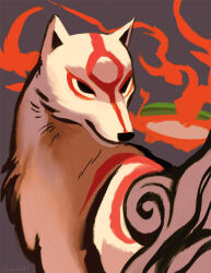 amaterasu_(ookami) animal_focus artist_name black_eyes closed_mouth commentary english_commentary fire from_side grey_background looking_at_viewer no_humans ookami_(game) orcaowl portrait reflector_(ookami) shade turning_head white_wolf wolf