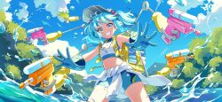 1girl alternate_costume alternate_headwear backpack bag blue_eyes blue_gloves blue_hair blue_shorts blue_sky clothes_around_waist cloud commentary_request game_cg gloves grin hair_bobbles hair_ornament hat holding holding_water_gun kani_2hiki kawashiro_nitori key looking_at_viewer mechanical_arms midriff navel official_art outdoors shirt shirt_around_waist shorts sky smile solo third-party_source touhou touhou_gensou_eclipse two_side_up wading water water_drop water_gun yellow_bag