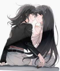 2girls aqua_eyes bang_dream! bang_dream!_it&#039;s_mygo!!!!! black_hair black_jacket blush canis428 chinese_commentary choker commentary_request drink drinking_straw earrings floating_hair from_behind highres holding holding_drink jacket jewelry juice_box long_hair looking_at_another medium_hair multiple_girls parted_lips profile purple_eyes shiina_taki shirt sitting sweat very_long_hair white_shirt yahata_umiri yuri