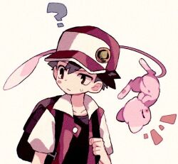 1boy ? backpack bag baseball_cap black_bag black_shirt blush_stickers brown_eyes closed_eyes colored_skin confused floating gen_1_pokemon hand_to_own_mouth hand_up hat high_collar jacket laughing legendary_pokemon male_focus mew_(pokemon) mgomurainu mythical_pokemon nintendo open_clothes open_jacket pink_skin pokemon pokemon_(creature) pokemon_rgby raised_eyebrow red_(pokemon) red_headwear red_jacket shirt short_sleeves simple_background sweatdrop upside-down yellow_background