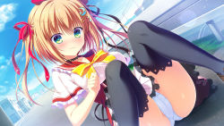 1girl black_thighhighs blush choker crescent crescent_hair_ornament day dutch_angle female_focus green_eyes hair_ornament hair_ribbon highres long_hair mitsumomo_mamu non-web_source official_art orange_hair outdoors panties ribbon sakurai_shio short_sleeves sitting skirt solo tenpure!! thighhighs two_side_up underwear white_panties